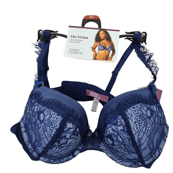 Adore Me Woman’s Blue Vivian Lace Mesh Push Up Underwire Bra – Size 38C NWT - Picture 1 of 15